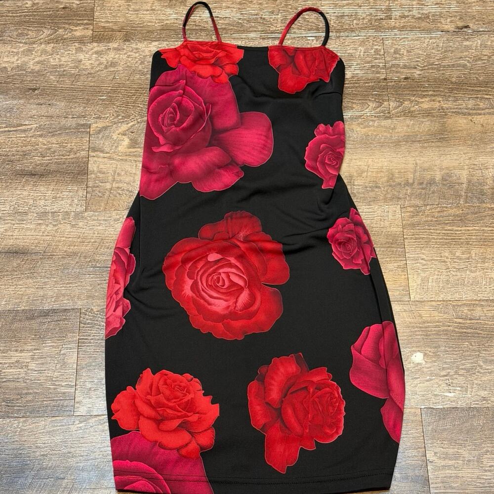 Vintage 90s Early Warning Red Rose Mini Dress Open Back Strappy Floral Medium GM